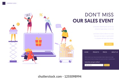 Online Store Sale Landing Page Template. Woman Shop Online Using Laptop. E-commerce, Consumerism, Retail Concept. Characters Shopping Purchase for Website or Web Page. Flat Cartoon Vector Illustration