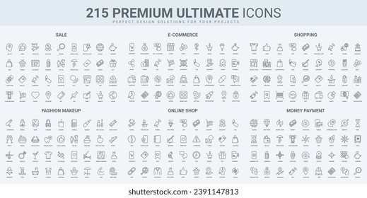 Online store sales, fashion shopping and makeup, money payment thin black line icons set vector illustration. Outline symbols of ecommerce, coupon and discounts, support service, savings in wallet