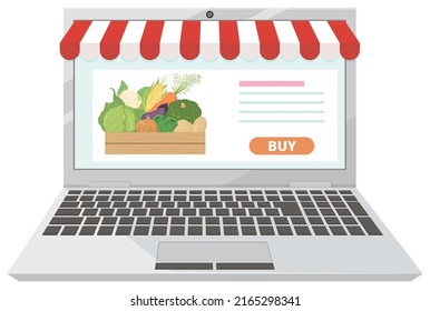 Tienda en línea para vender verduras. Ilustración vectorial.