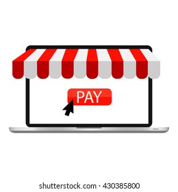 Online store, selling and buying using laptop. Vector illustration.