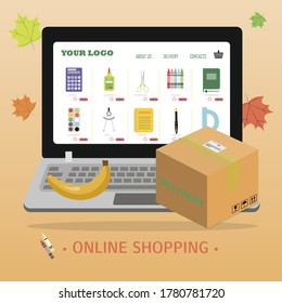 Online store selling school supplies with home delivery. Vector illustration of a website on a laptop screen selling products over the Internet. Ads for mobile apps that sell pens, pencils, notebooks