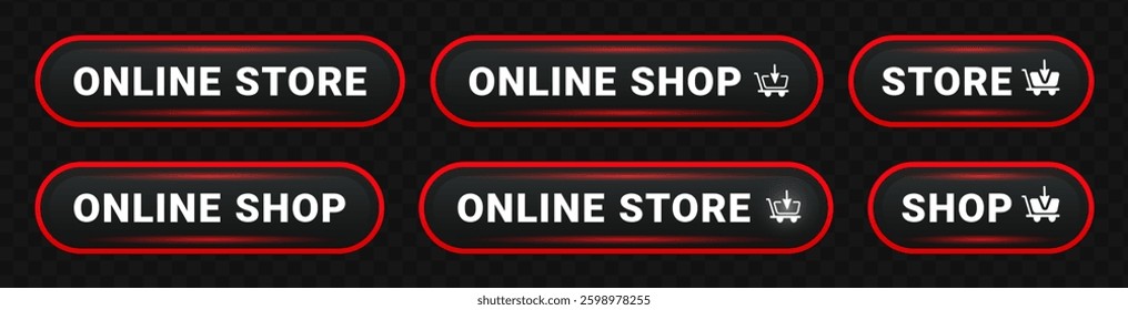 Online store and shop button icon set isolated on black background