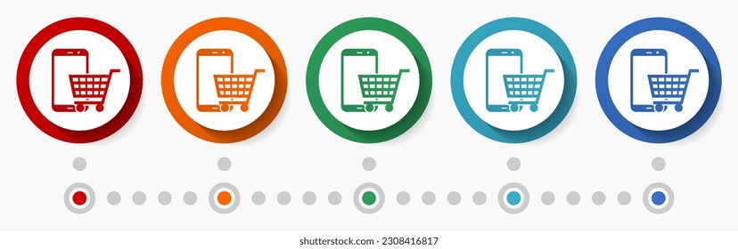 Online store, shop concept vector icon set, infographic template, flat design circle colorful web buttons in 5 color options