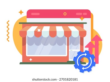 Online store shop improvement and boost sales performance icon vector modern design graphic illustration, electronic virtual web marketplace operation automation progregress management