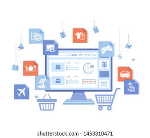Online Store Shop. Internet virtual shopping, e-commerce, digital marketing. Monitor with webstore on the screen, cart, basket, product shopping icons. Vector illustration on white background.