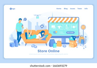 Online Store Shop. Internet virtual shopping, e-commerce, digital marketing. Woman buy things on the site, man makes an order via phone. landing web page template decorated with people characters.