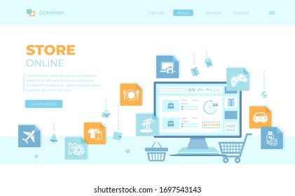 Online Store Shop. Internet virtual shopping, e-commerce, digital marketing. Monitor with webstore on the screen, cart, basket. Can use for web banner, landing page, web template.