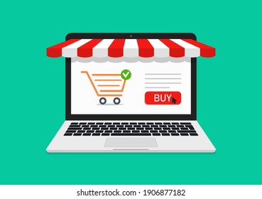 Online Store. Online Shop In Laptop. Icon Of Ecommerce. Purchase Of Product With Computer In Website. Sale In Virtual Market. Buy In Web Supermarket. Screen Of Laptop With Showcase And Tent. Vector.