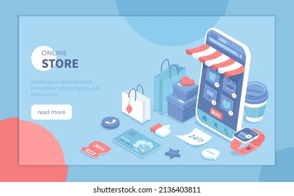 Tienda en línea. Aplicación móvil. Compras por Internet, comercio electrónico, servicio las 24 horas. Pedidos online de comestibles, ropa, dispositivos electrónicos, medicamentos. Isometric vector ilustración para banner