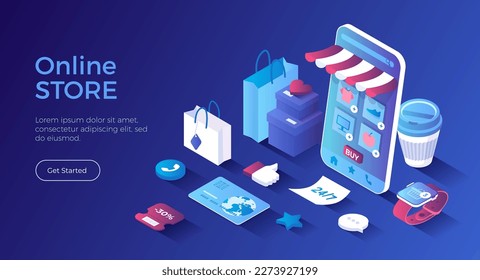 Online Store Shop. Mobile application. Internet shopping, e-commerce, 24 hour service. Online ordering of groceries, clothing, electronic devices, medicines. Isometric landing page. Vector web banner.