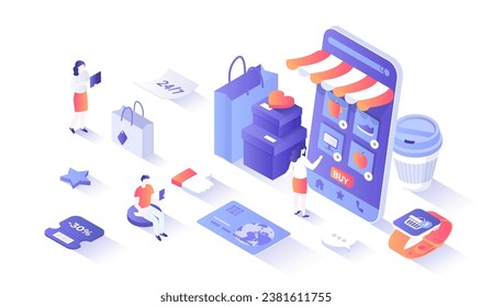Online Store Shop. Mobile application. Internet shopping, e-commerce, 24 hour service. Online ordering of groceries. Isometry illustration with people scene for web graphic.	
