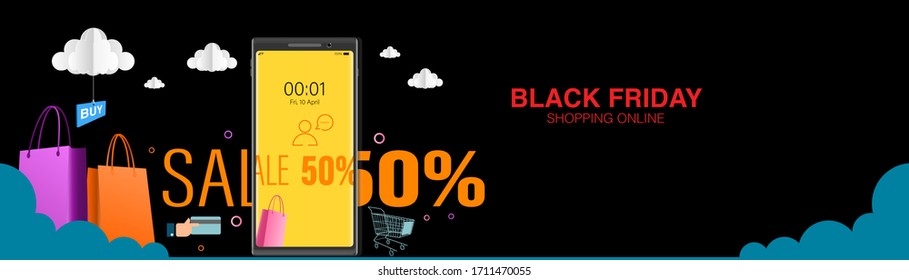 Online Store Shop, virtuelles digitales Shopping auf mobilen Applikationen Vektorillustration Illustration. E-Commerce-Marketing-Technologie für Black Friday Sale-Banner