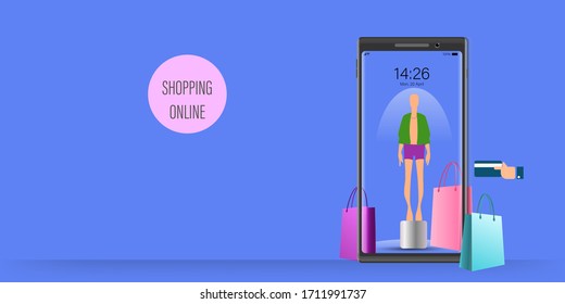 Tienda en línea, compra digital virtual en aplicación móvil Ilustración vectorial. Tecnología de marketing para el comercio electrónico