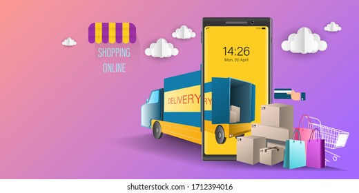 Online Store Shop, virtual digital shopping on mobile application Vector illustration. Ecommerce Marketing technology