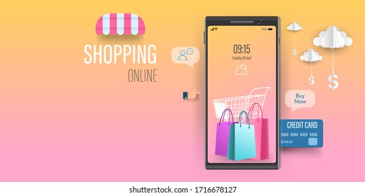 Tienda en línea, compra digital virtual en aplicación móvil Ilustración vectorial. Tecnología de marketing para el comercio electrónico