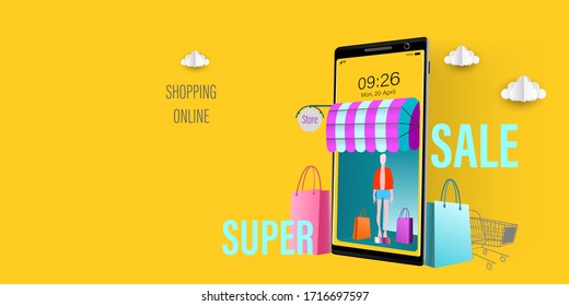 Online Store Shop, virtual digital shopping on mobile application Vector illustration. Ecommerce Marketing technology