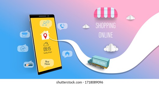 Online Store Shop, virtual digital shopping on mobile application Vector illustration. Ecommerce Marketing technology