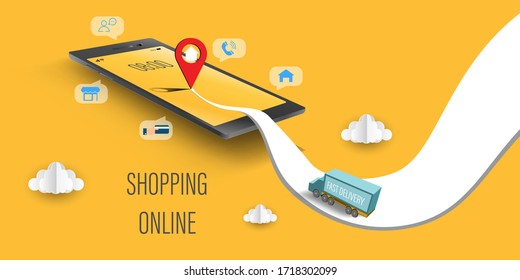 Tienda en línea, compra digital virtual en aplicación móvil Ilustración vectorial. Tecnología de marketing para el comercio electrónico