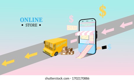 Online-Store-Shopping-App mit Smartphone-Konzept für digitales Marketing, Lieferung 