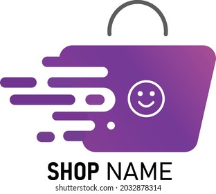 Online Store Shopping Bag Logo Design Shows Fastest Delivery with Smiley Face Icon