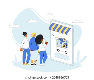 Online store. Shopping cart with conditioners, shampoo and hair treatment on smartphone screen. Three friends making an order on an online shop to buying tools and hair cosmetics for wavy hairstyles.