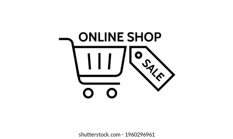 Online store. Shopping cart. Empty trolley with wheels. Buy online shop. Promotional, sale, advertisement concept. Icon design, logo. Vector line illustration on isolated background