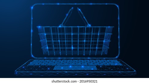 Online-Shop. Warenkorb und Regale mit Waren auf dem Bildschirm des Laptop-Monitors. Eine Low-Poly-Konstruktion von Linien und Punkten. Blauer Hintergrund.