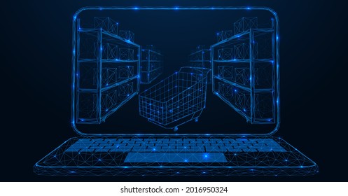 Tienda en línea. Carro de compras y estanterías con artículos en la pantalla del monitor para portátiles. Una construcción de líneas y puntos de bajo perfil. Fondo azul. 