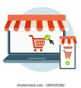 Online store shopping concept with laptop and mobile phone.Vector illustration of internet shopping with digital devices.