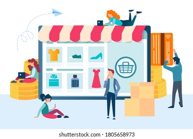 Concepto de compra de tiendas en línea Ilustración vectorial Las personas realizan compras mediante tarjeta de crédito en línea