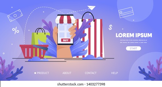 Online Store Shopping, Consumer Loan Service, Sale and Discounts Monitoring Mobile App Carton Vector Web Banner, Landing Page. Shopping Bag, Packet and Basket, Hand Holding Smartphone Illustration Online Store Shopping, Consumer Loan Service, Sale and Discounts Monitoring Mobile App Carton Vector Web Banner, Landing Page. Shopping Bag, Packet and Basket, Hand Holding Smartphone Illustration