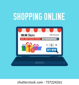 Online store. Shopping online. E-commerce shopping concept. Colored flat web market isolated on blue. Design for website mobile banner poster.