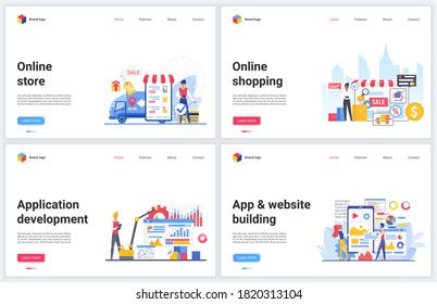 Tienda en línea, tecnología de compras ilustraciones vectoriales. Diseño de sitios web de interfaz de concepto creativo, banners con plantilla de aplicación de tienda móvil de dibujos animados planos, desarrollo de aplicaciones tecnológicas de ecommerce modernas