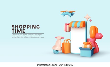Online store. Shopping time. Creative concept idea design. Realistic 3d mobile phone, Moto scooter, flying drone, gifts box and shopping. Courier service Delivery. Landing page. Vector illustration - Shutterstock ID 2044587212