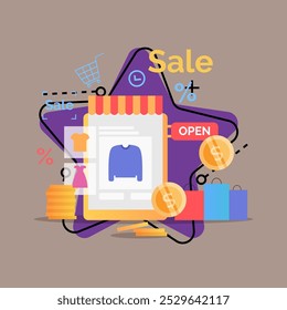 Online store showcase with clothes flat vector illustration. Shopping bags, gold coins. E-commerce, shopping in internet, discount, sale, payment concept for banner or web design