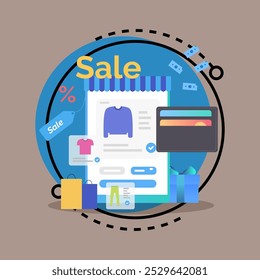 Online store showcase with clothes, shopping bags and gift boxes vector illustration. Payment by credit cards in internet shop. E-commerce, discount, sale concept for banner or web design