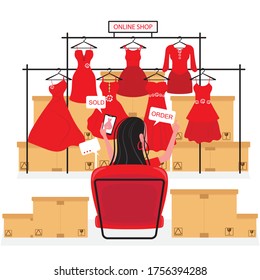 Online store showing a lady is choosing a red dress