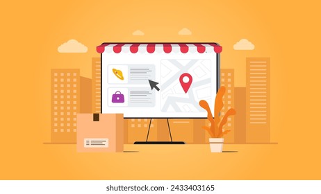 Online store. Showing product and location. Vector illustration with city orange background.