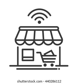 Online store single isolated modern vector line design icon with a shop, storefront, cart, with wi-fi sign