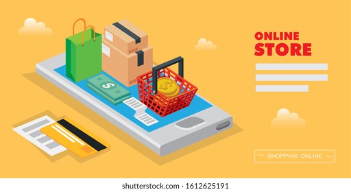 online store with smartphone and icons illustration design