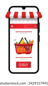 Online store. Smartphone with a striped awning and website interface. Vector 3D illustration isolated on white background.