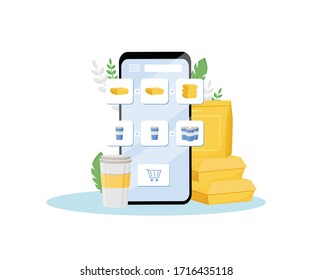 Online-Shop Spezial Angebot flach Konzept Vektorillustration Illustration. Fastfood-Rabatt, kostenloses Mittagessen und Getränk. Internet-Restaurant-Werbekampagne, Fertiggerichte, um App kreative Idee