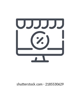 Online store and special offer line icon. Computer with shop website and percentage in circle vector outline sign.