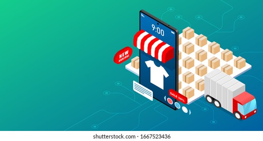 Online store and stock logistics system isometric illustration with copy space