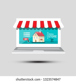 Online Store Symbol. Virtual Shop Vector Icon. E-shop Concept with Building and Shopping Cart on Screen.