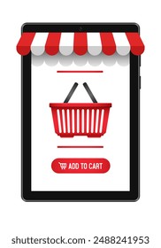 Online store. Tablet with a striped awning and website interface. Vector 3D illustration isolated on white background.