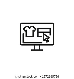 Online store thin line icon. Computer, webpage, clothes, cursor isolated outline sign. Online shopping concept. Vector illustration symbol element for web design and apps.