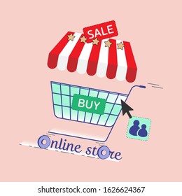 Online store typographic design implied to shopping trolley. Online shopping concept. Vector illustration outline flat design style.