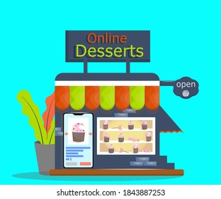 The online store uses your phone to select a wide variety of sweet desserts. Cupcakes, lollipops, and candy. The concept of Internet ordering. Vector illustration in flat cartoon style.