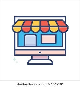ilustración de estilo vectorial de tienda en línea. Icono de símbolo rellenado con esquema de inicio y Nueva empresa. EPS 10